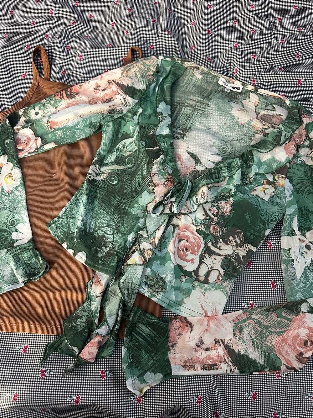 Green Floral Angel cardigan wrap Top with Brown Tank